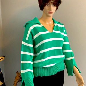 525  COTTEN POLO PULLOVER .. WHITE AND GREEN STRIP.   BNWT